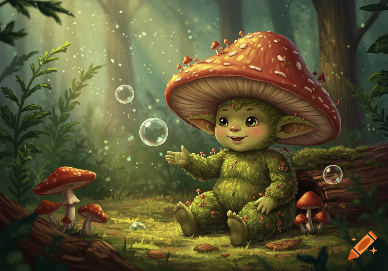A cute, green, moss-covered fantasy creature with large ears and a red mushroom cap sits in a sunlit forest, surrounded by bubbles.