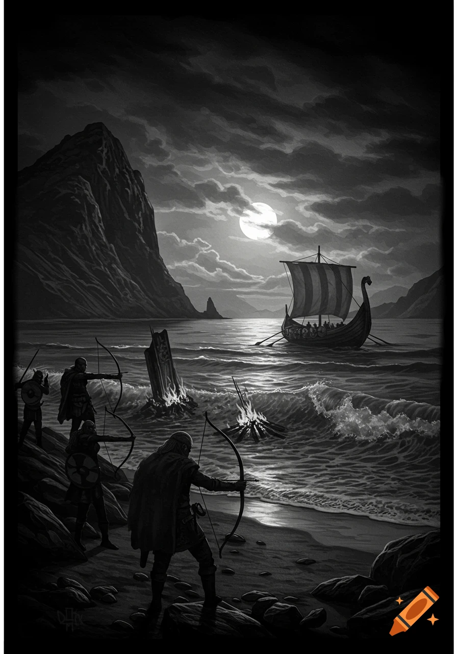 Black and white illustration of Vikings with bows on a moonlit beach, a longboat on stormy waters, and a fire on the shore.
