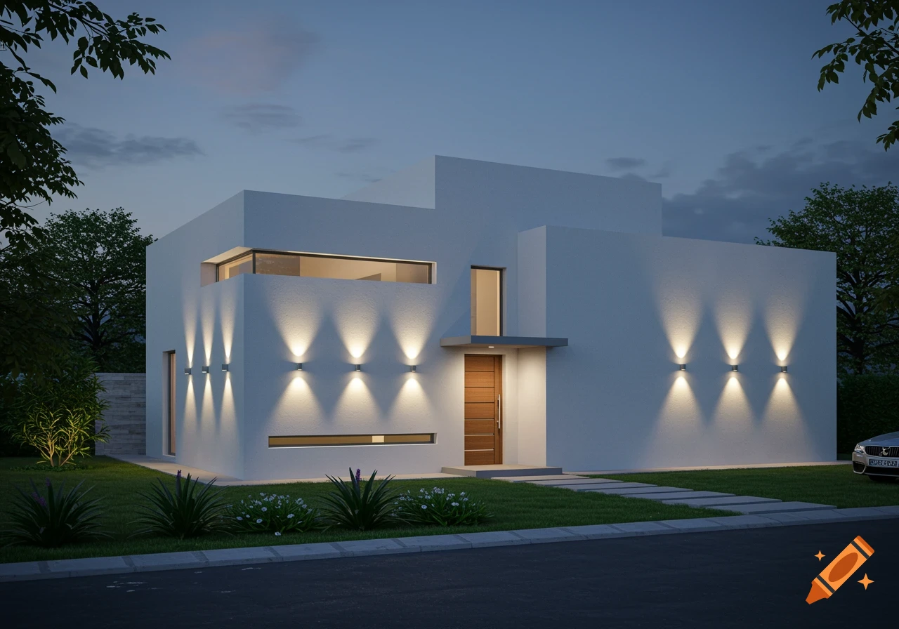 A modern white villa at dusk with upward and downward lights on its facade, illuminating the walls and front entrance. A lush green lawn with a paved walkway leads to the house, with trees and a road visible.