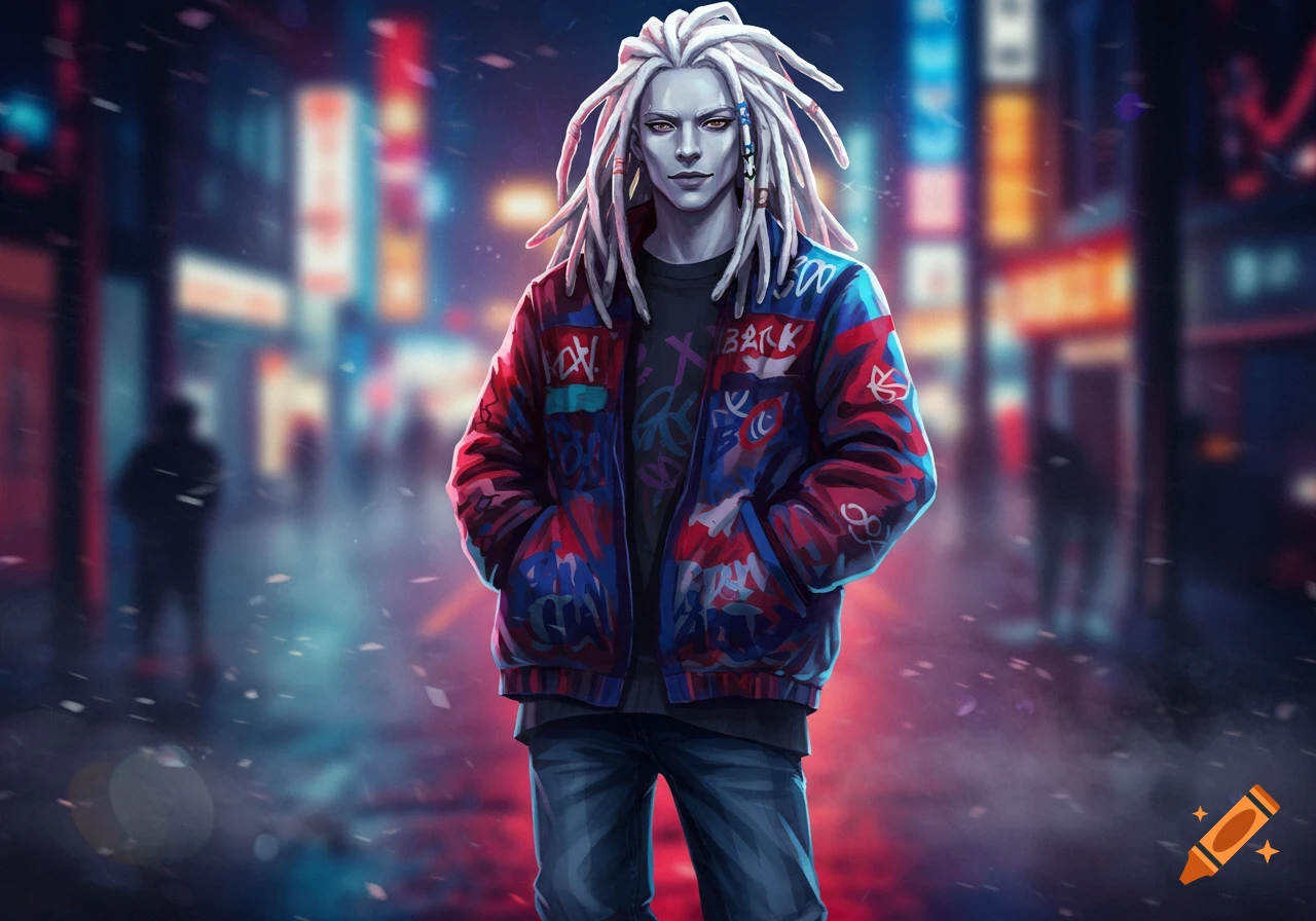 A white anime male with dreadlocks and a colorful graffiti-style jacket stands in a neon-lit urban street at night.