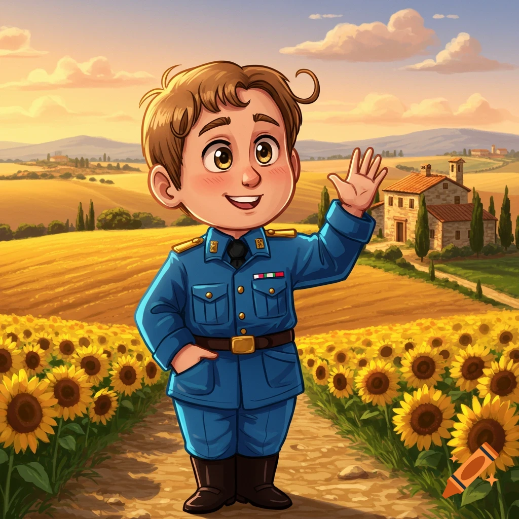 A cheerful cartoon boy in a blue military uniform waves in a sunny sunflower field with a Tuscan house in the background, in Pixar style.