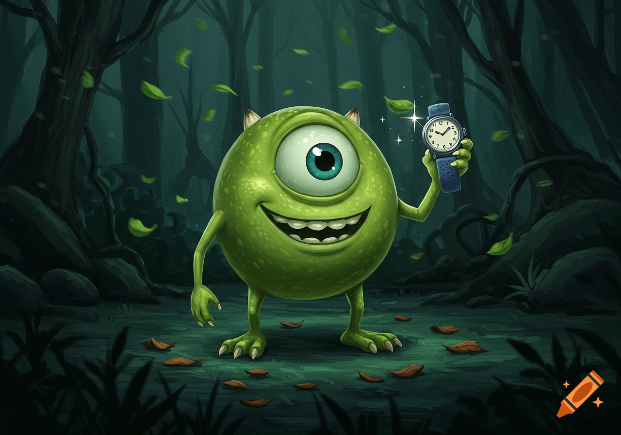 A grinning green cyclops monster, similar to Mike Wazowski, holding up a sparkling blue wristwatch in a dark forest.