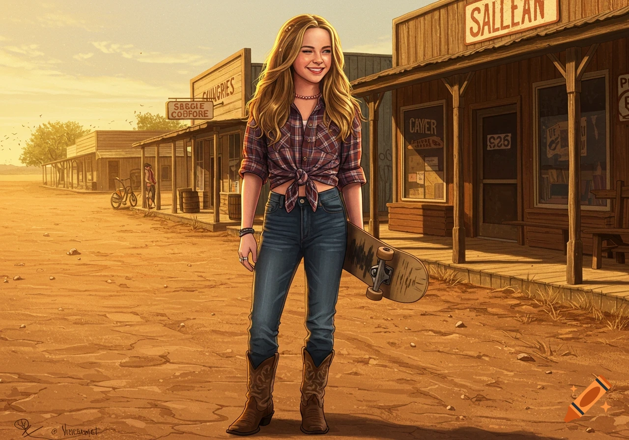A smiling girl with long blonde hair, wearing a plaid shirt, jeans, and cowboy boots, stands in a dusty old west town holding a skateboard. Illustrated style.