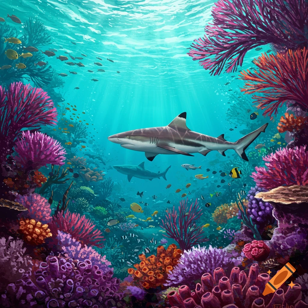 An illustrative underwater scene with a blacktip shark, other fish, and vibrant coral formations.