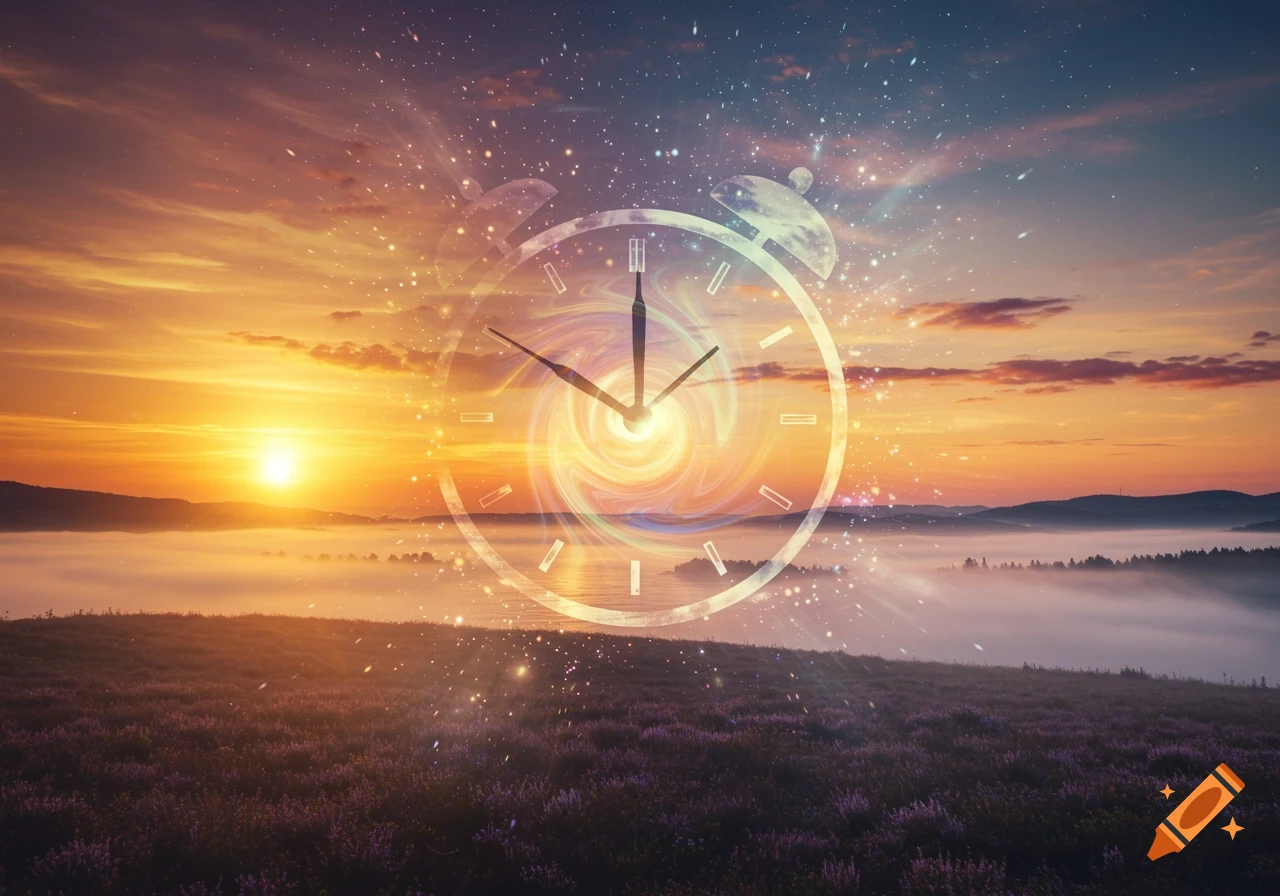 A vibrant sunset over a misty landscape with hills and fields, overlaid with a translucent clock containing a swirling vortex of light.