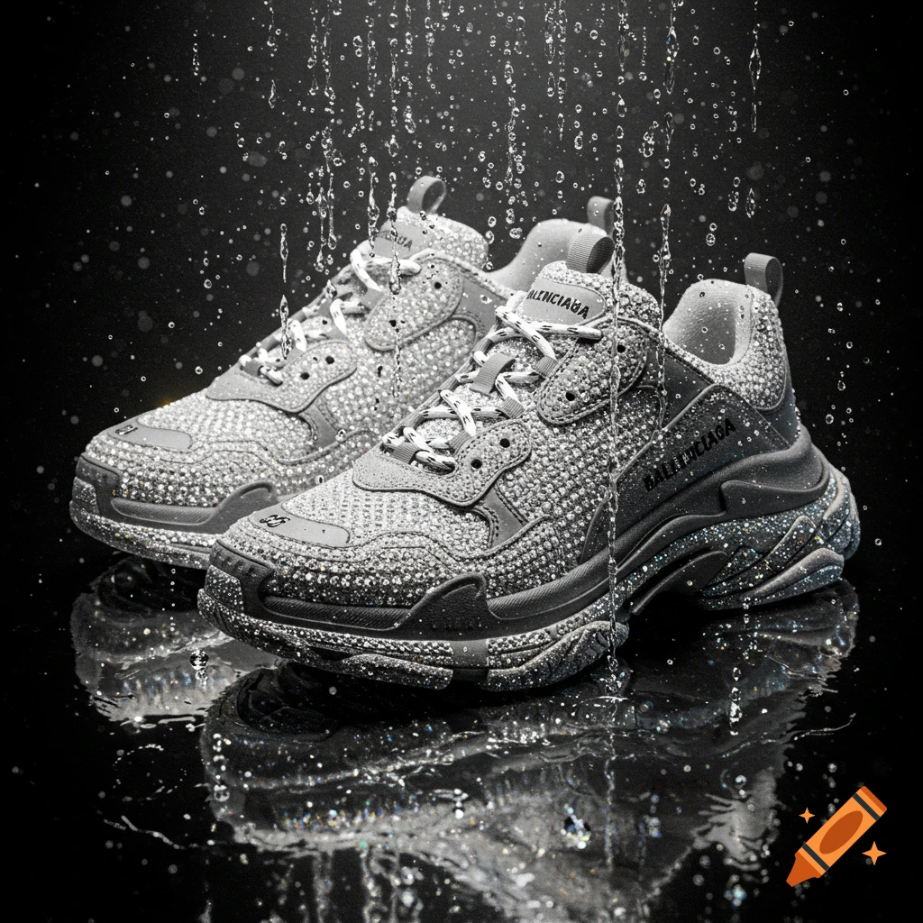 A pair of diamond-encrusted Balenciaga Track sneakers on a reflective black surface with water dripping onto them.