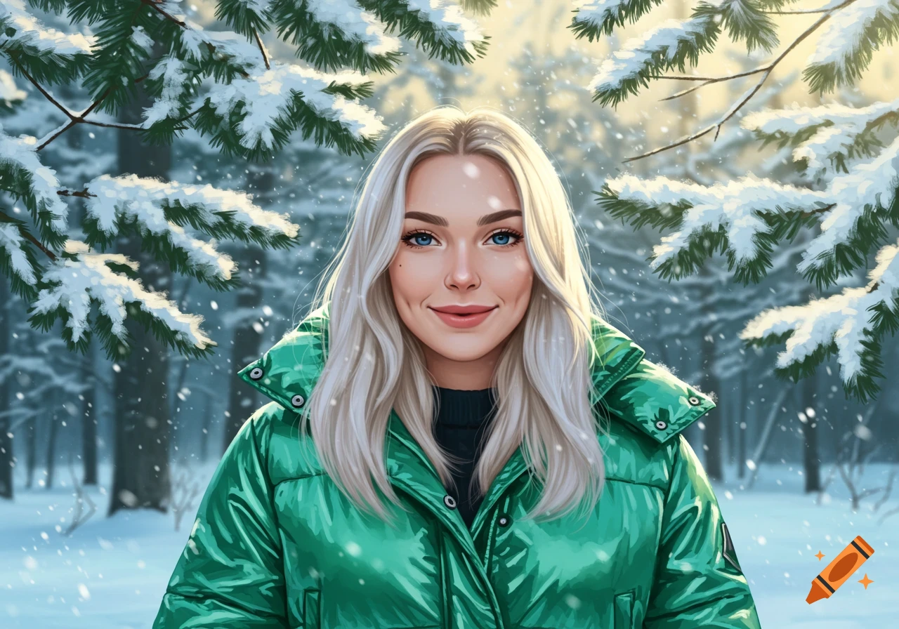 A blonde woman in a green puffer coat smiles in a snowy winter forest, digital art.