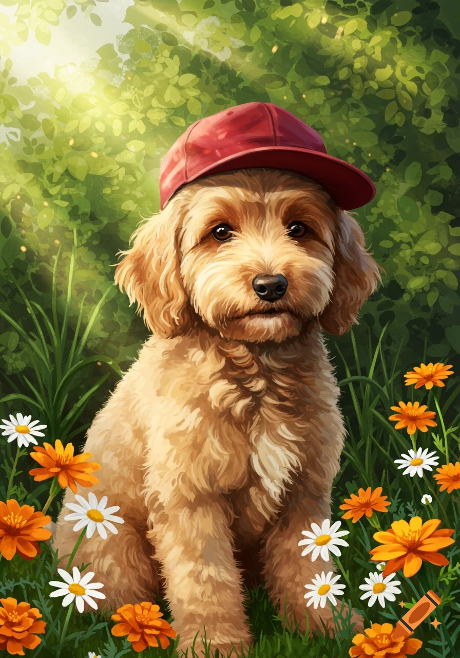 A fluffy golden-brown dog wearing a red baseball cap sits in a sunny field with orange and white flowers.