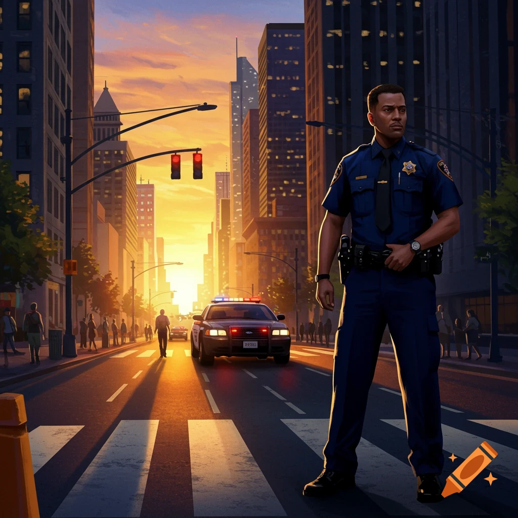 A police officer stands in the foreground of a city street at sunset, with a patrol car and buildings in the background.