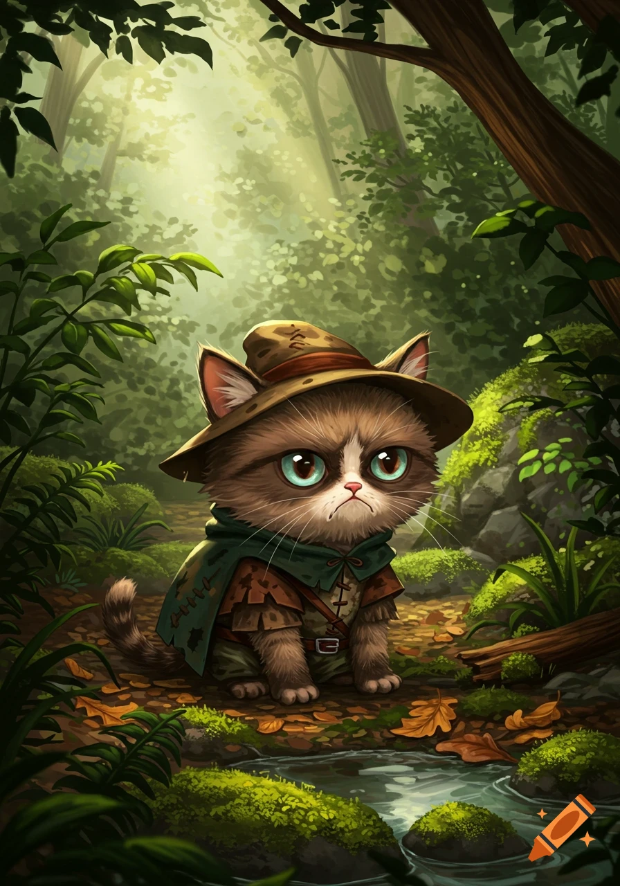 A grumpy brown kitten wearing a ranger's hat and green cloak sits in a lush, sun-dappled forest.