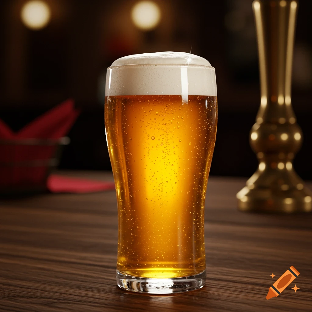 A close-up, photorealistic shot of a pint glass filled with golden lager, topped with a thick layer of white foam, on a dark wooden table in a dimly lit bar.