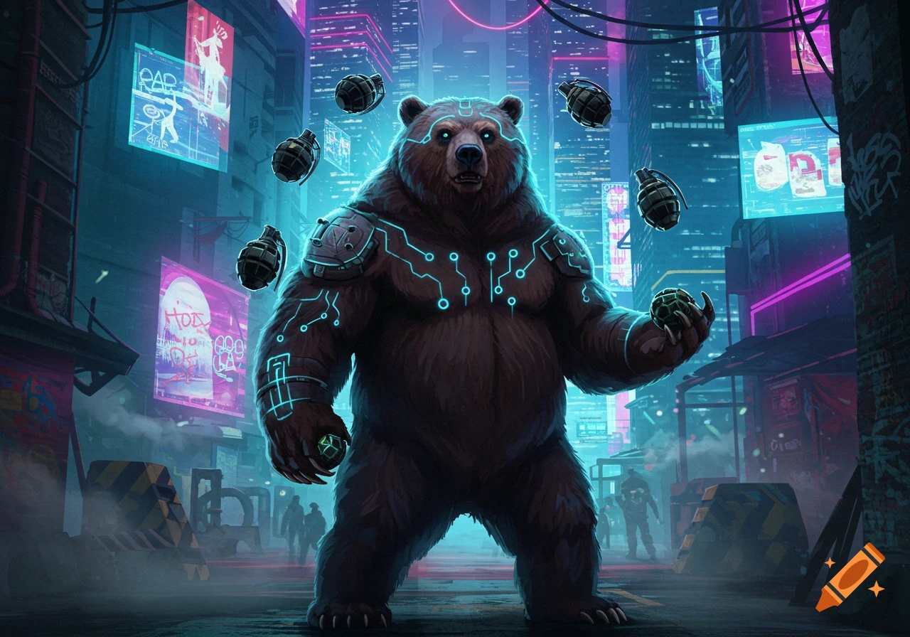 A large brown bear with glowing blue circuit patterns on its body stands in a vibrant cyberpunk city, juggling several grenades.