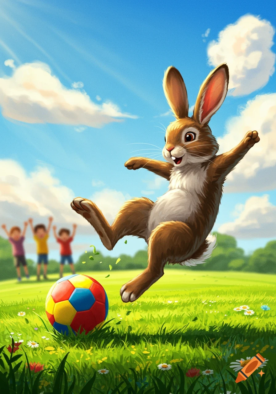 A vibrant illustration of a happy brown cartoon rabbit kicking a colorful soccer ball on a sunny green field with flowers, with blurry children cheering in the background.