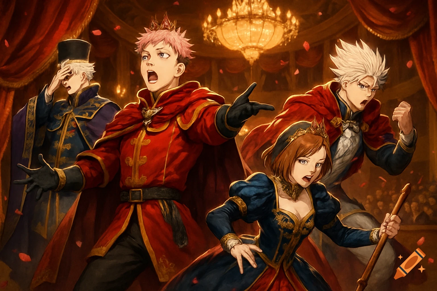 Anime characters in ornate costumes on a grand stage, with a chandelier overhead and rose petals falling.
