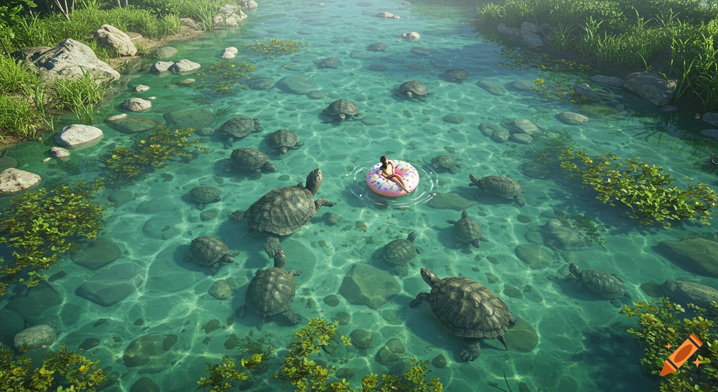 A wide aerial view of a person floating on a donut in a clear river, surrounded by numerous turtles, rocks, and green plants.