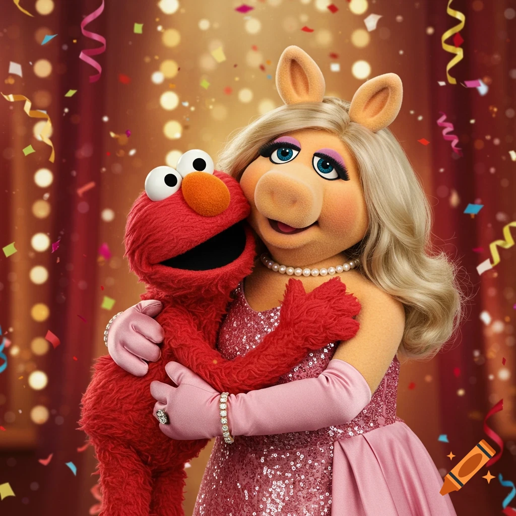 Miss Piggy in a sparkly pink dress hugging Elmo, with confetti falling around them in a celebratory scene.