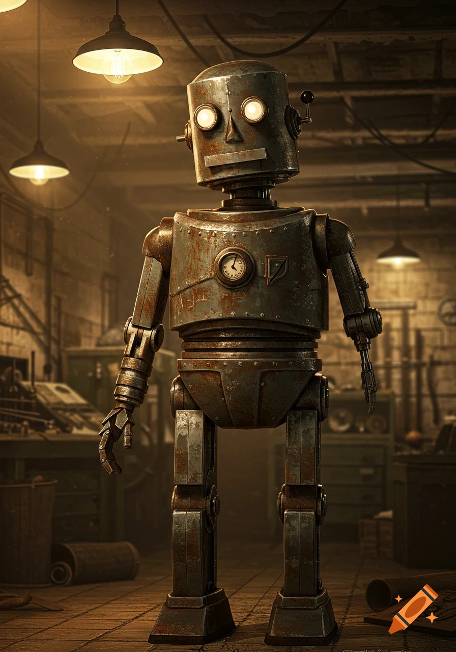 A detailed, rusty old-school robot stands in a dimly lit workshop, illuminated by hanging industrial lamps.
