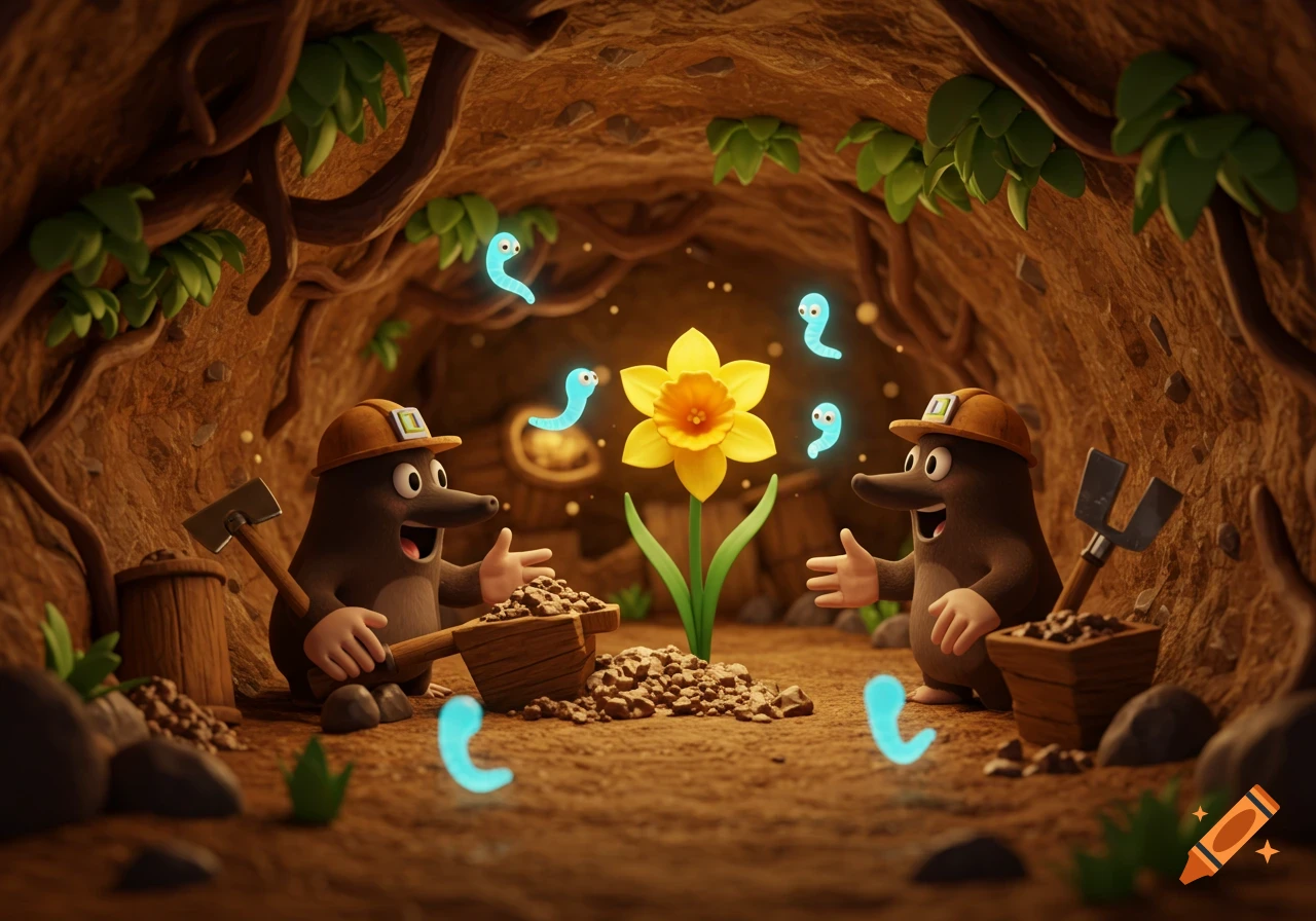 Two cartoon moles in mining helmets stand in an underground tunnel with a glowing yellow daffodil and luminous blue worms floating around them.