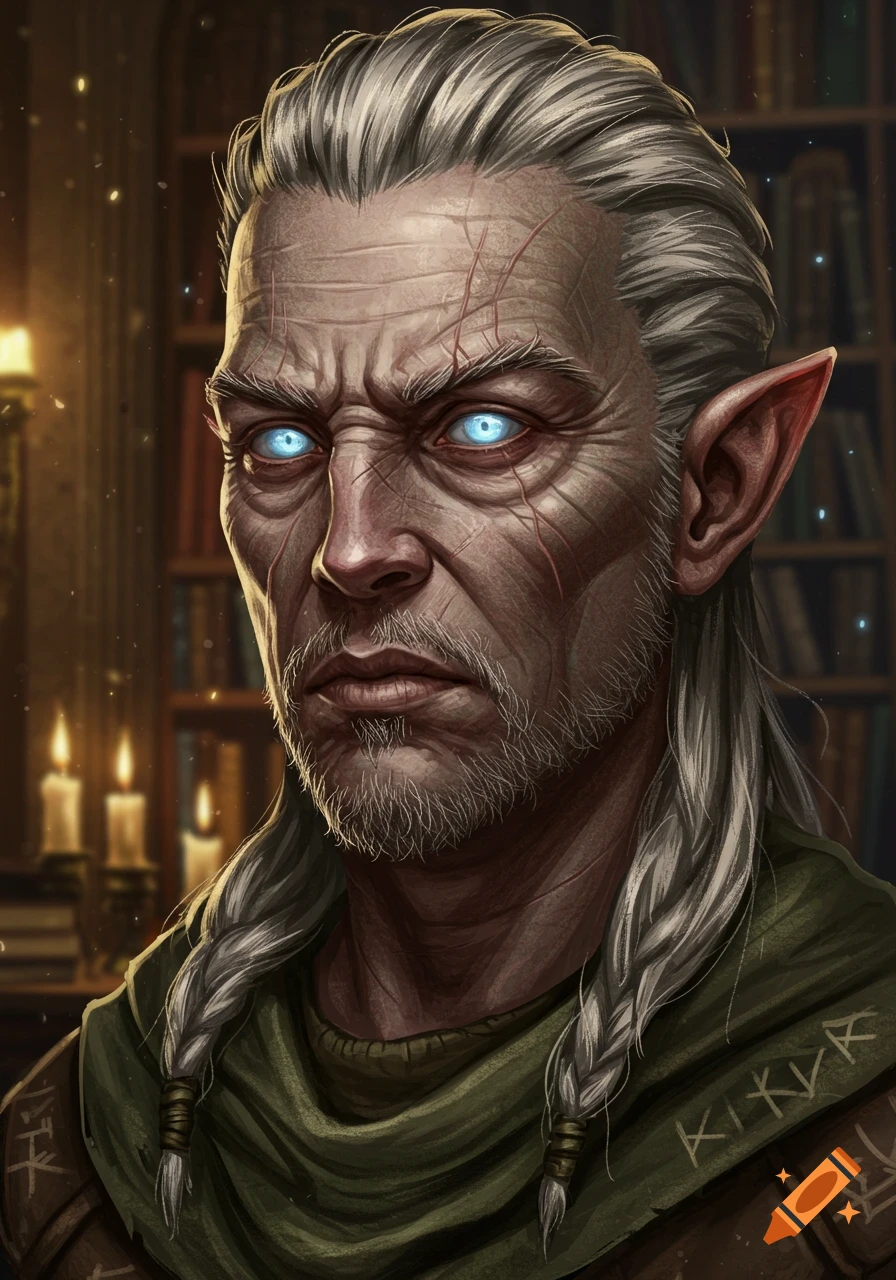 A close-up portrait of a grizzled male fantasy character with white hair, a beard, scarred face, glowing blue eyes, and pointed ears, in a library setting.