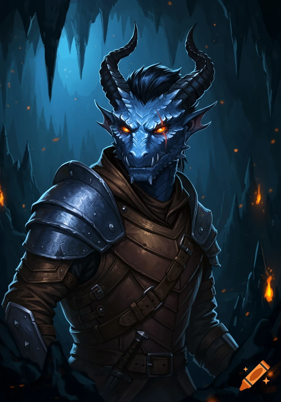 A blue dragonborn with black horns, orange eyes, and a facial scar, wearing armor in a dark cave.