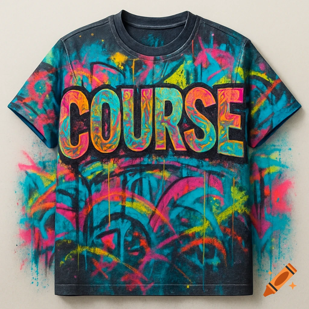 A vibrant t-shirt with the word "COURSE" in bold, colorful letters, surrounded by turquoise, pink, and yellow graffiti art.