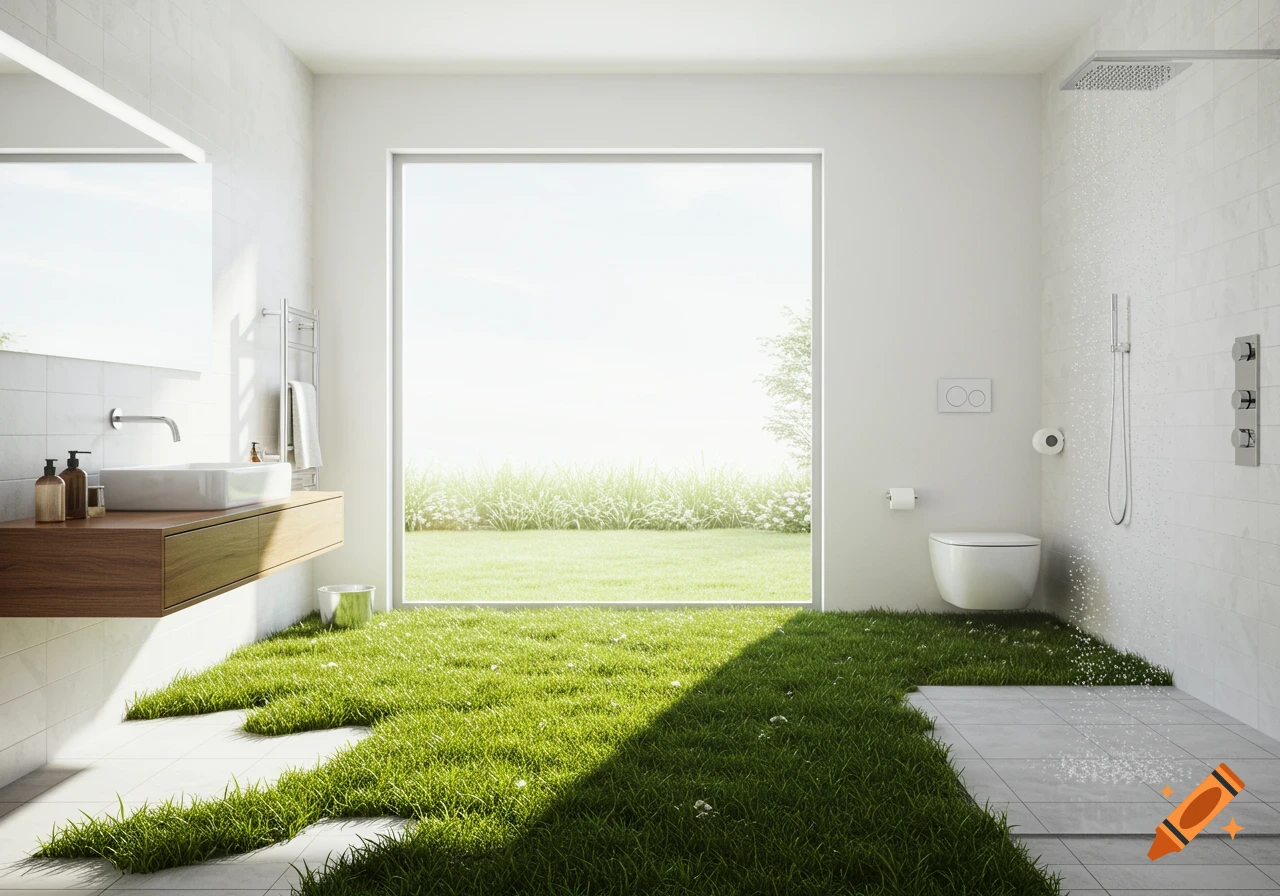 Modern bathroom with a large window, white tiles, wooden vanity, and green grass patches covering parts of the floor.