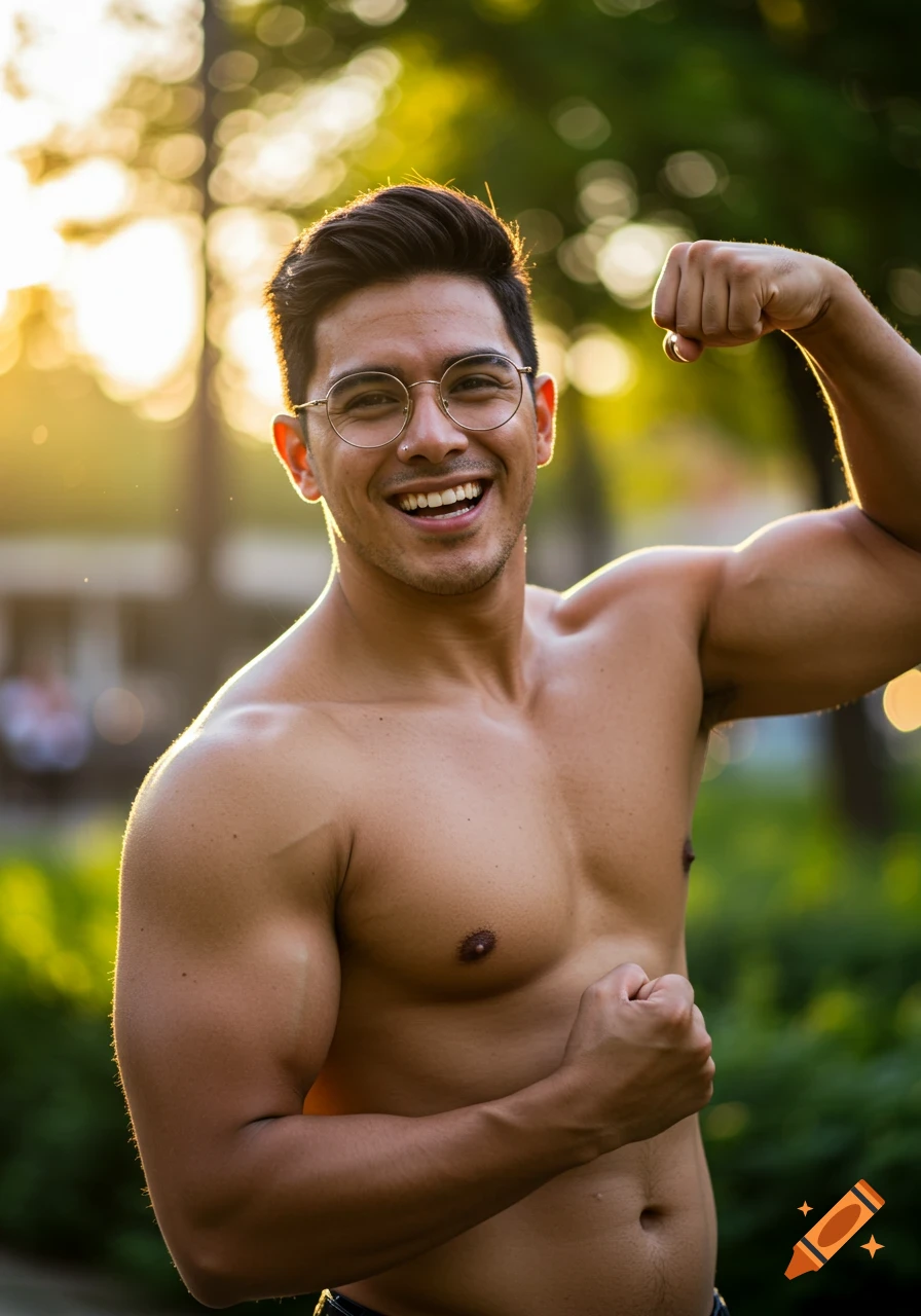 Handsome shirtless man with glasses smiling and flexing biceps outdoors in sunlight.