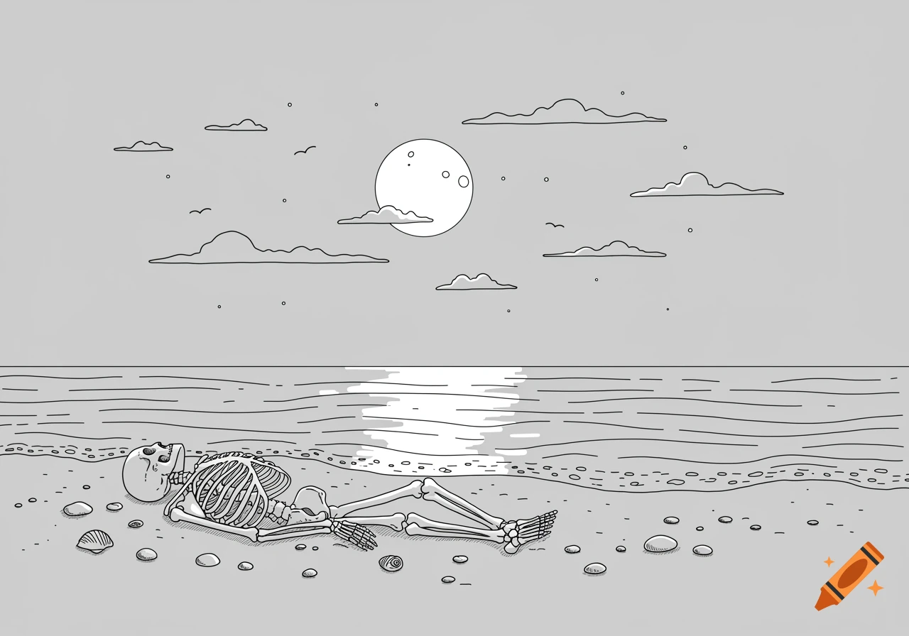 Stylized line art of a skeleton lying on a sandy beach under a cloudy night sky with the moon reflecting on the ocean.