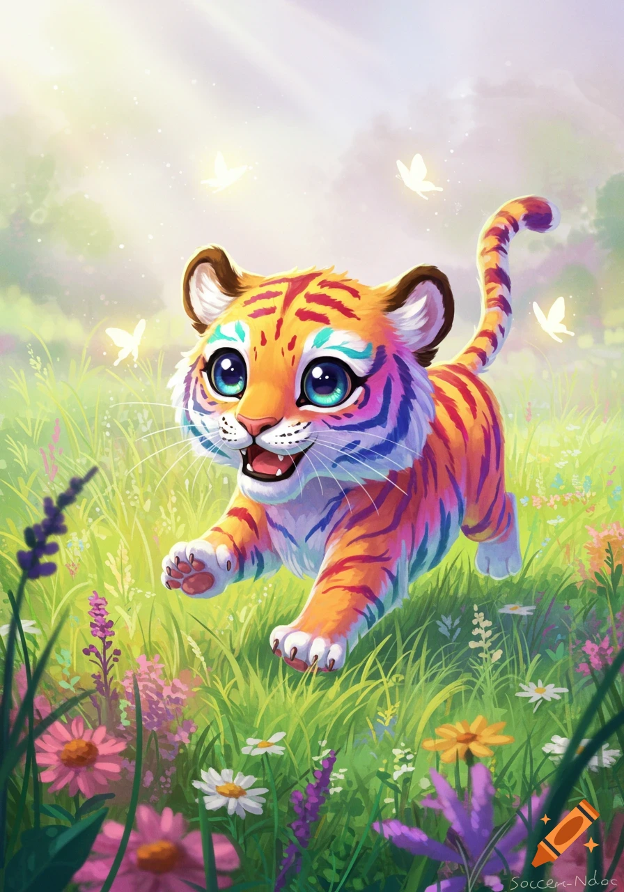 A vibrant anime-style rainbow tiger cub with large blue eyes runs happily through a sunny, colorful meadow filled with flowers and glowing butterflies.
