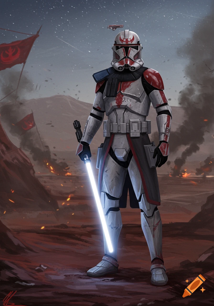 A Star Wars clone commander in red and white armor holds a shimmering white lightsaber in a battle-scarred desert landscape with Rebel flags.