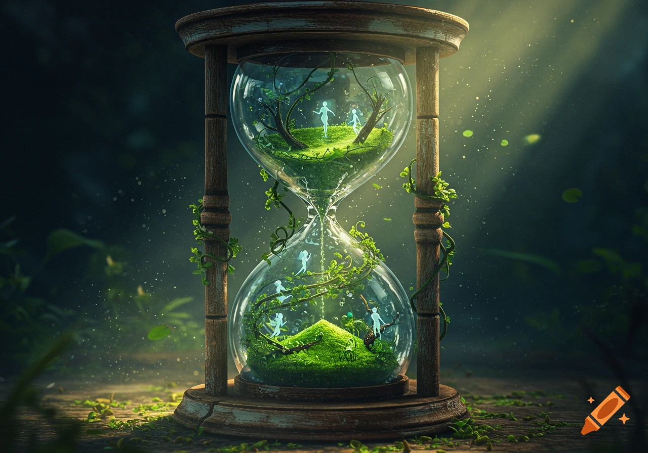 A magical hourglass with a lush miniature ecosystem inside, glowing with ethereal light and tiny figures, in a dark, mystical forest setting.