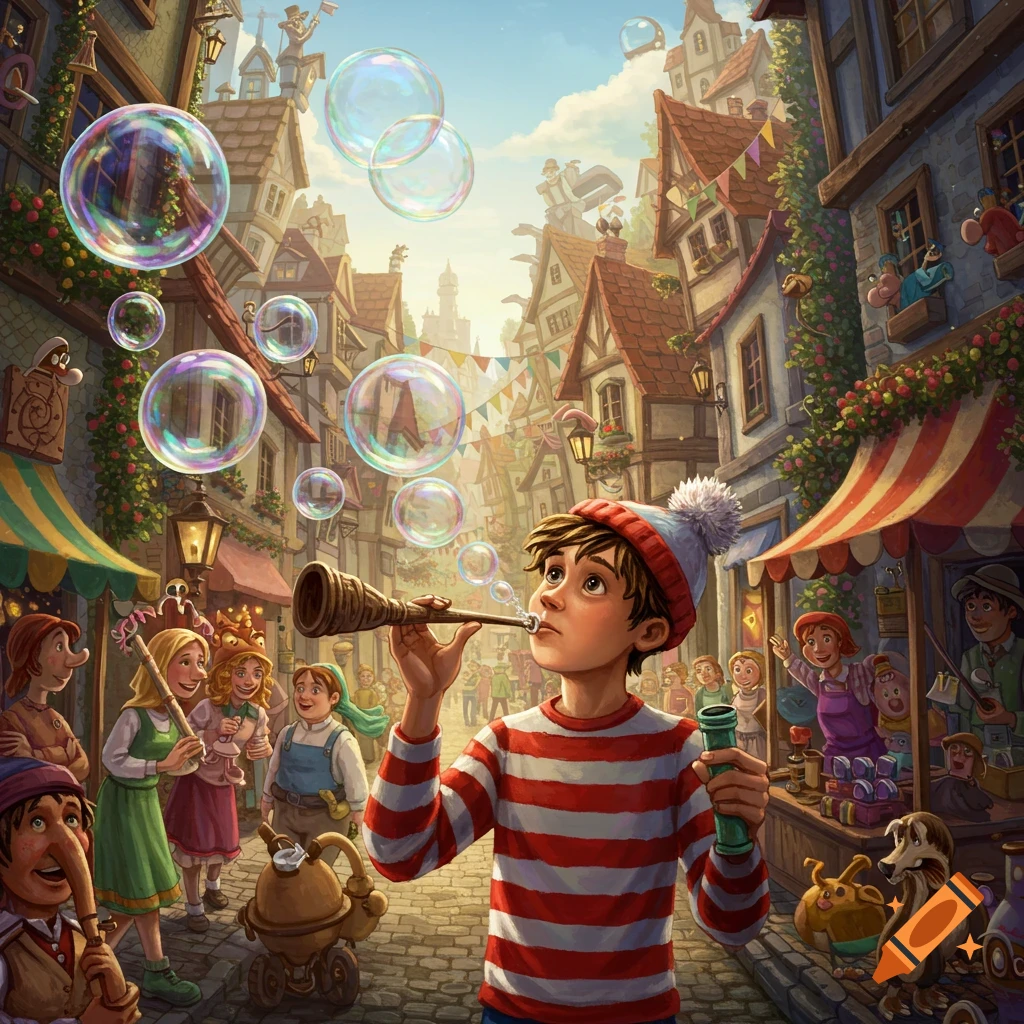 A boy resembling Waldo blows bubbles from a pipe in a vibrant, whimsical town street filled with people, in an illustrated style.