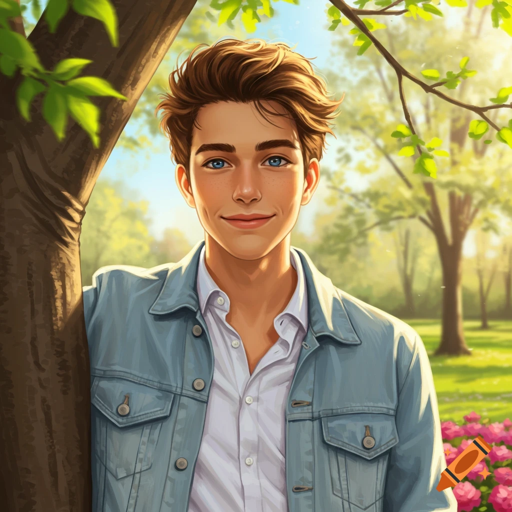 Digital art of a smiling young man with brown hair and blue eyes, wearing a denim jacket, leaning against a tree in a sunny park.