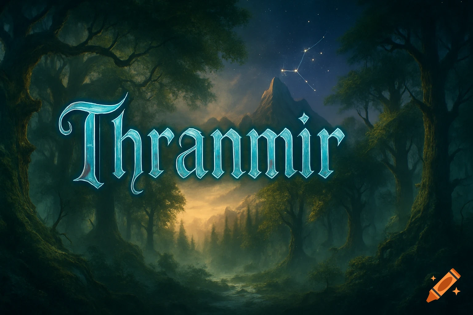 A fantasy landscape banner featuring glowing blue text that reads "Thranmir" above a misty forest and a mountain under a starry sky with a constellation.