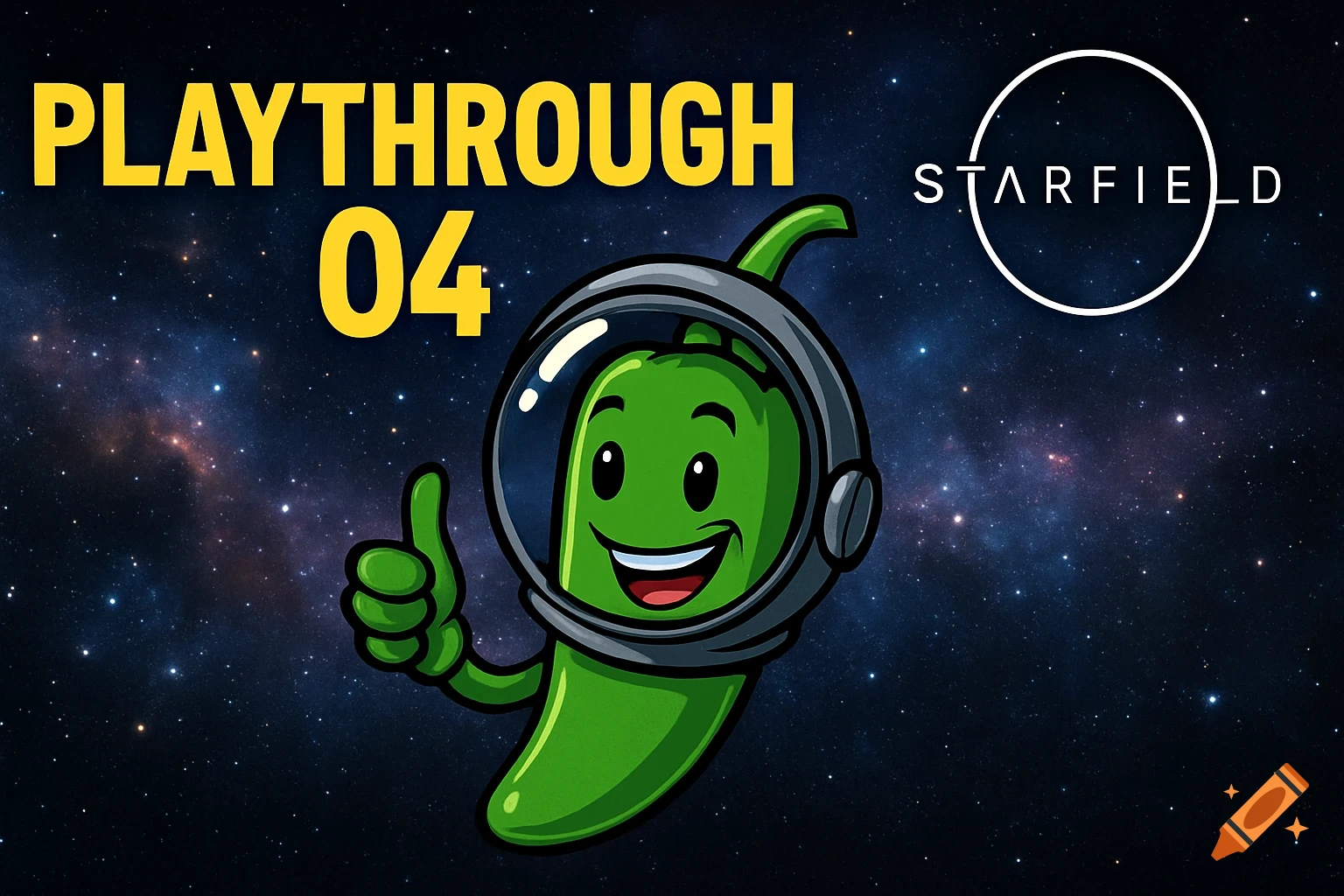 Cartoon jalapeno astronaut giving thumbs up in space with 'PLAYTHROUGH 04' and Starfield logo.