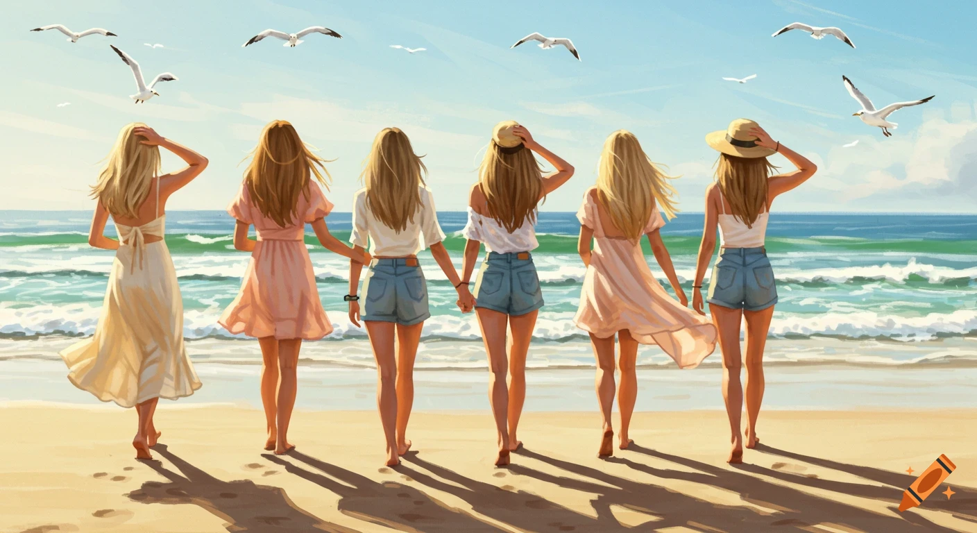 Six women with long hair walking barefoot on a sunny beach towards the ocean, with seagulls flying overhead. Stylized illustration.