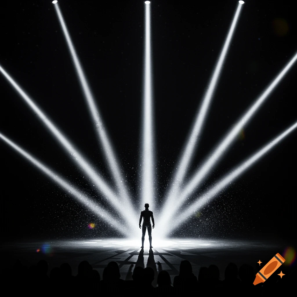 A silhouetted person stands on a stage bathed in bright spotlights from behind, facing a dark audience.