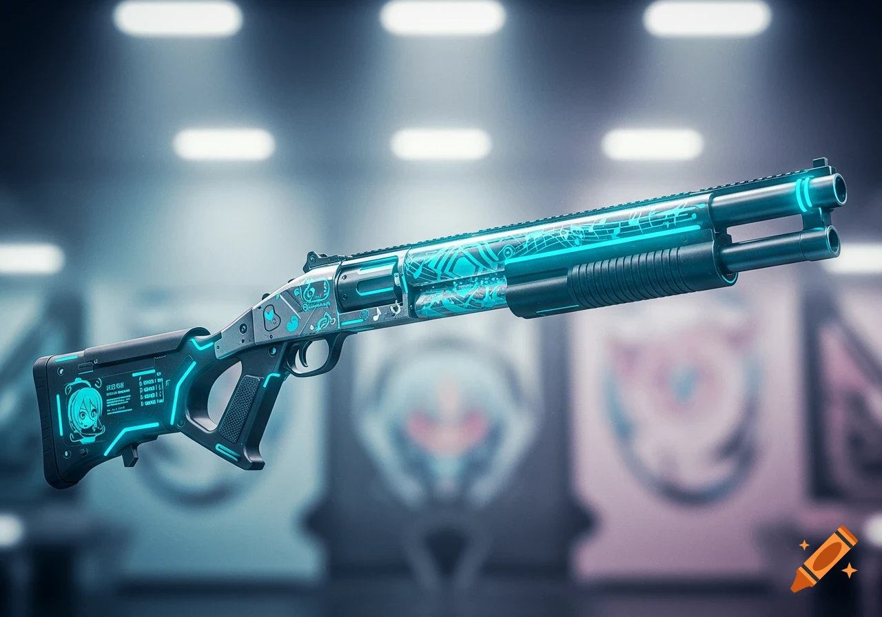 A stylized, futuristic shotgun with glowing blue accents and anime-themed decals, set against a blurred indoor background.