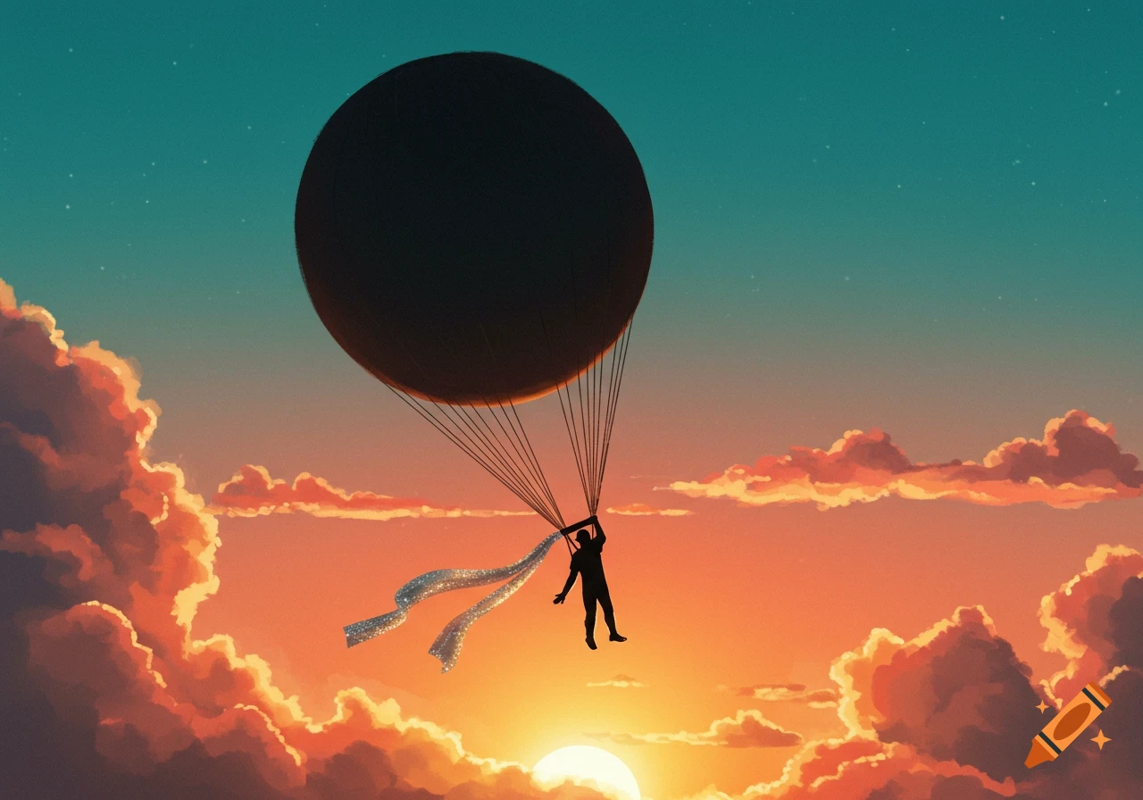 A silhouette of a person hanging from a large dark balloon, floating against a vibrant orange and teal sunset sky with clouds.