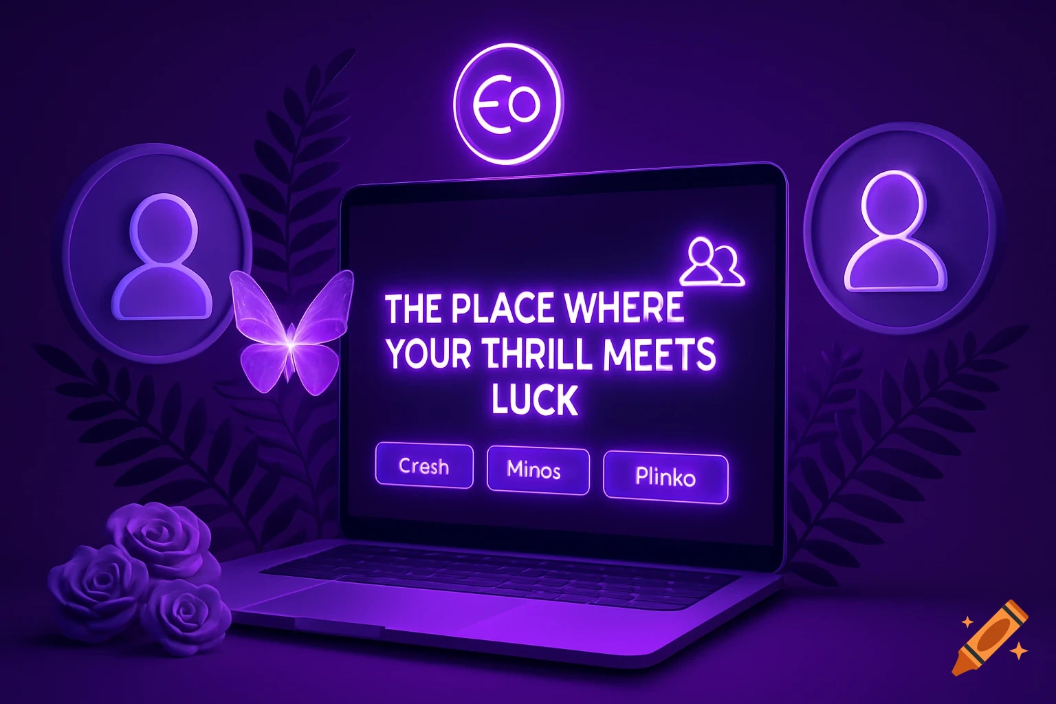 A sleek silver laptop with a glowing purple screen displaying 'THE PLACE WHERE YOUR THRILL MEETS LUCK' and buttons 'Cresh', 'Minos', 'Plinko'. It's surrounded by neon purple user icons, a butterfly, fern leaves, and roses in a futuristic aesthetic.