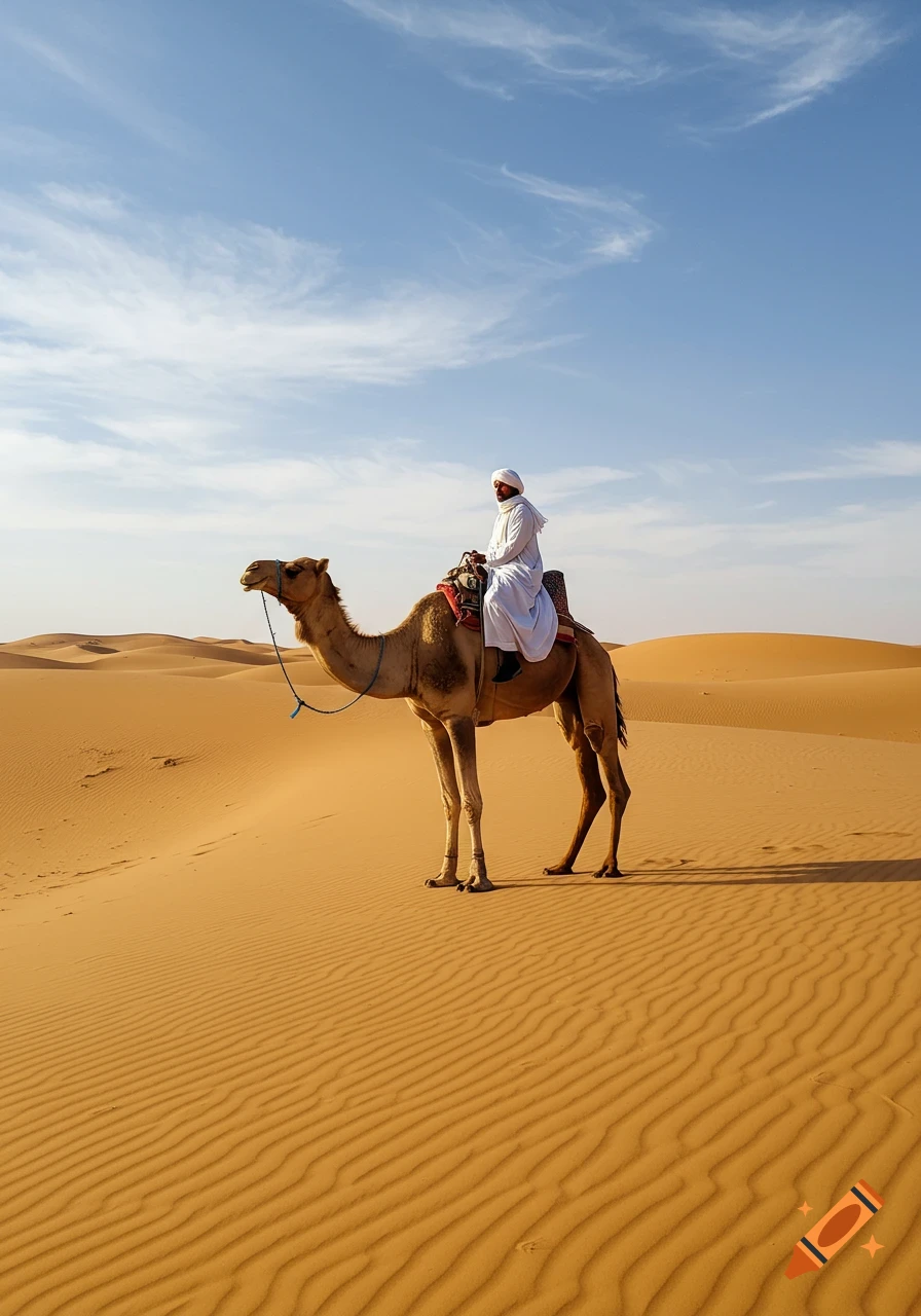A man in white robes riding a camel across golden sand dunes in a sunny desert.