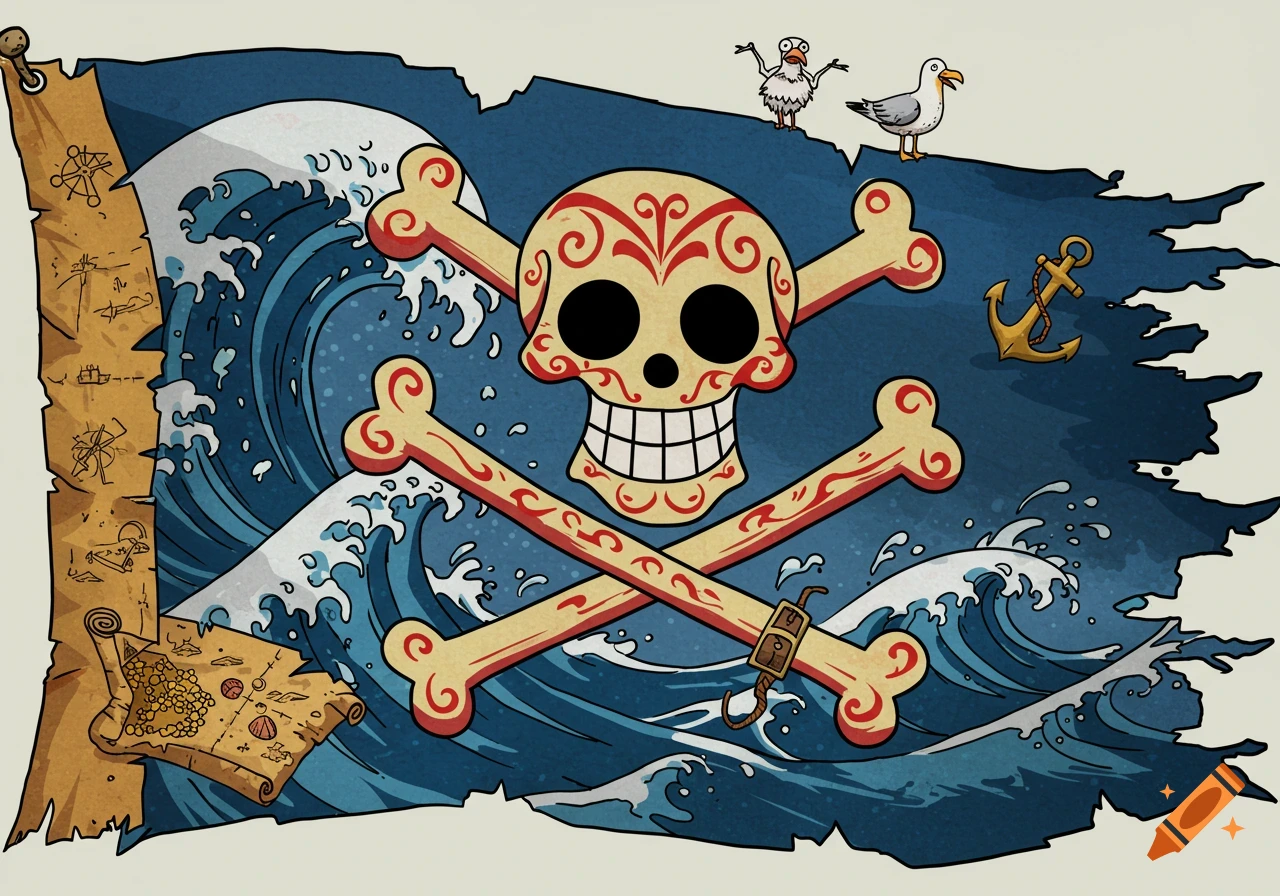 A stylized pirate flag with a decorated skull and crossbones over blue waves, featuring a map, an anchor, and two cartoon birds.