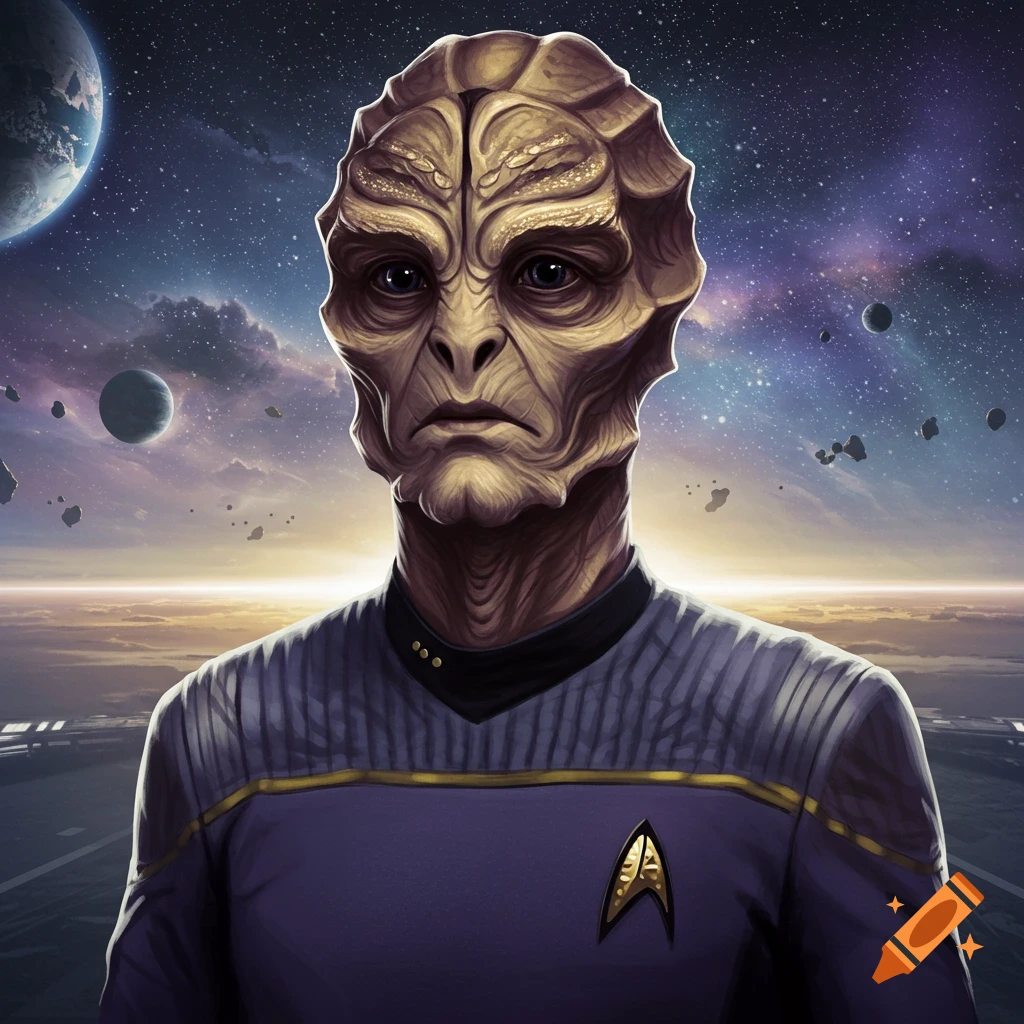 Portrait of a ridge-headed alien in a Starfleet uniform with a cosmic background of planets and stars.