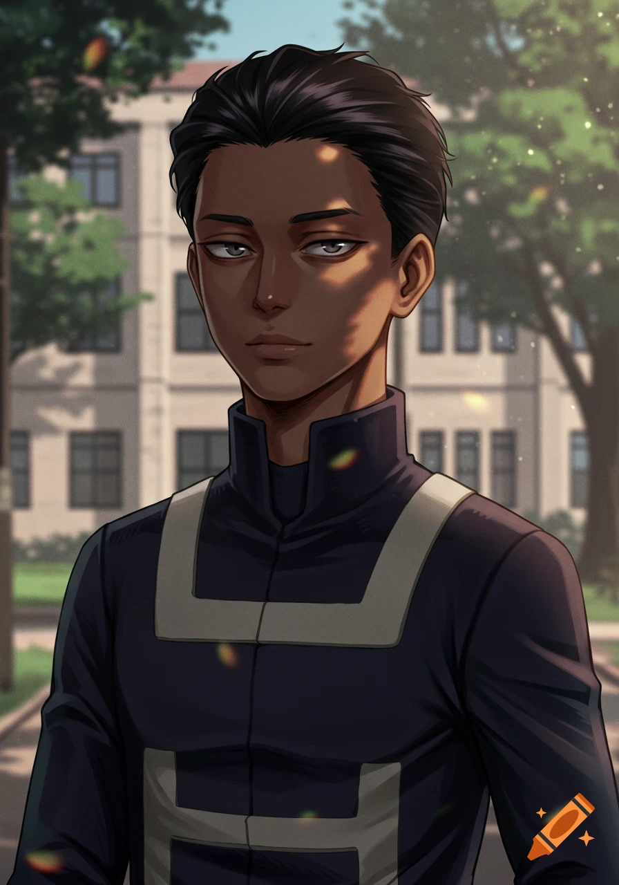 A dark-skinned male anime character with black hair and grey eyes in a dark school uniform stands outside a building on a sunny day.