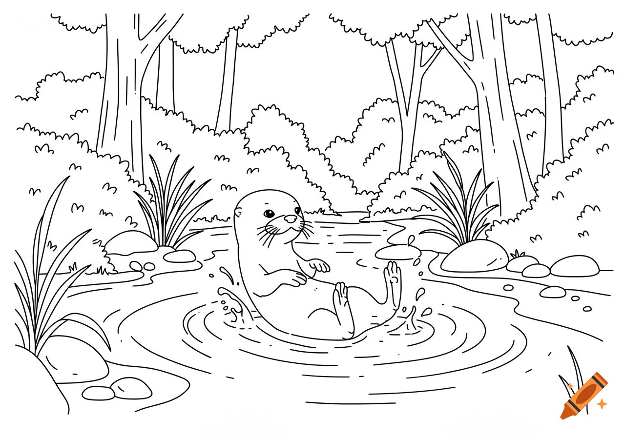 Line art of a baby otter playing in water in a forest.
