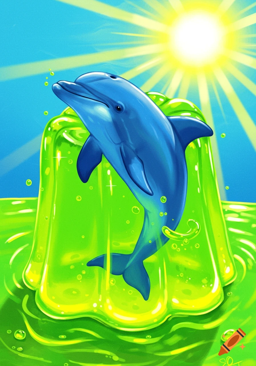 A blue dolphin swimming in vibrant lime green jello, illuminated by a bright yellow sunburst in a blue sky.