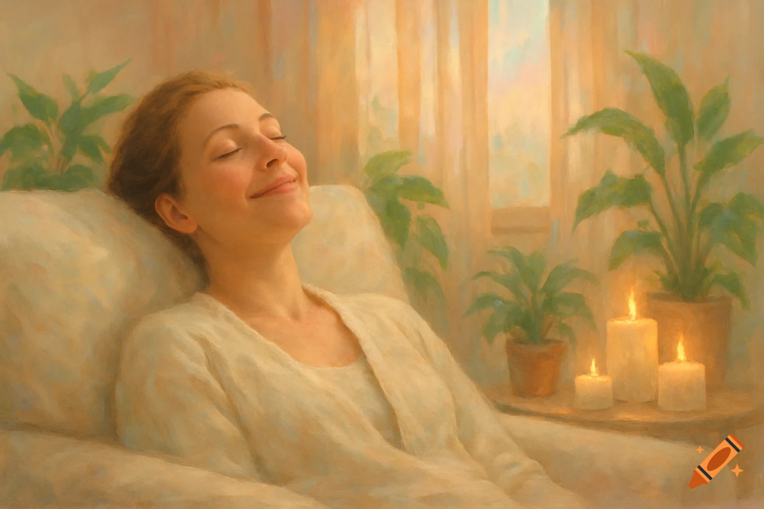 Woman relaxing in a cozy room with plants and candles, painted in a soft, warm style.