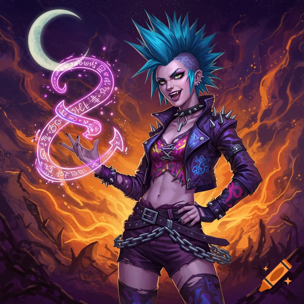 A punk rock style female magician with blue spiky hair and a purple jacket, holding glowing pink magical symbols. The background is a fiery, dark landscape under a crescent moon.