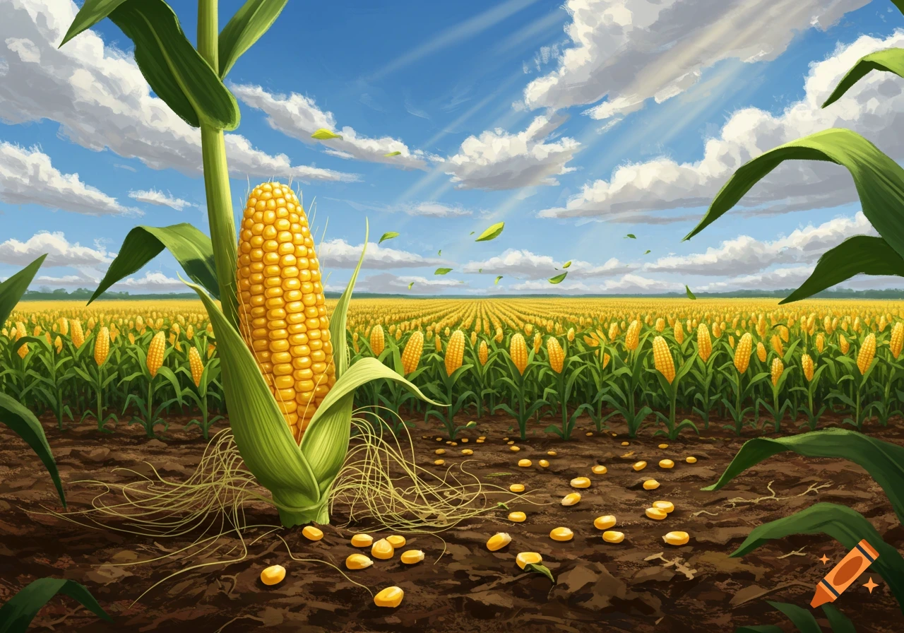 A vibrant cartoon-style corn field under a sunny blue sky with a large corn cob in the foreground, and corn kernels scattered on the ground.