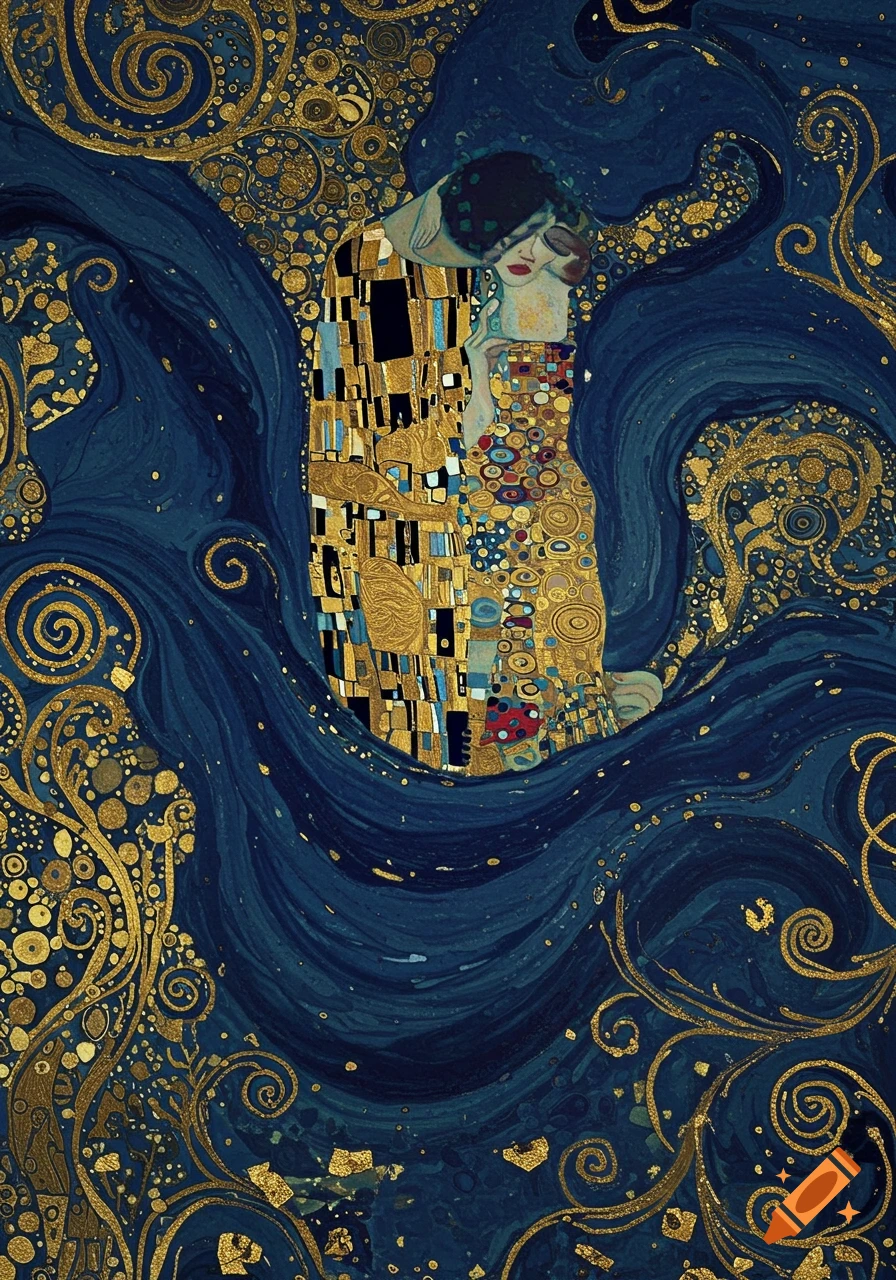 A Klimt-inspired painting of two embracing figures adorned in intricate gold and blue patterns against a swirling blue background.